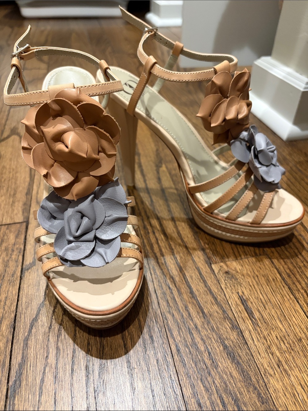 Kelsi Dagger Tan and Gray Floral T-Strap Platform Heels